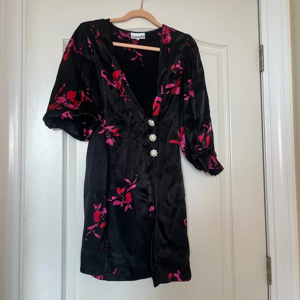 Ganni Crystal-Embellished Floral Print Satin‎ Wrap Mini Dress Size 34